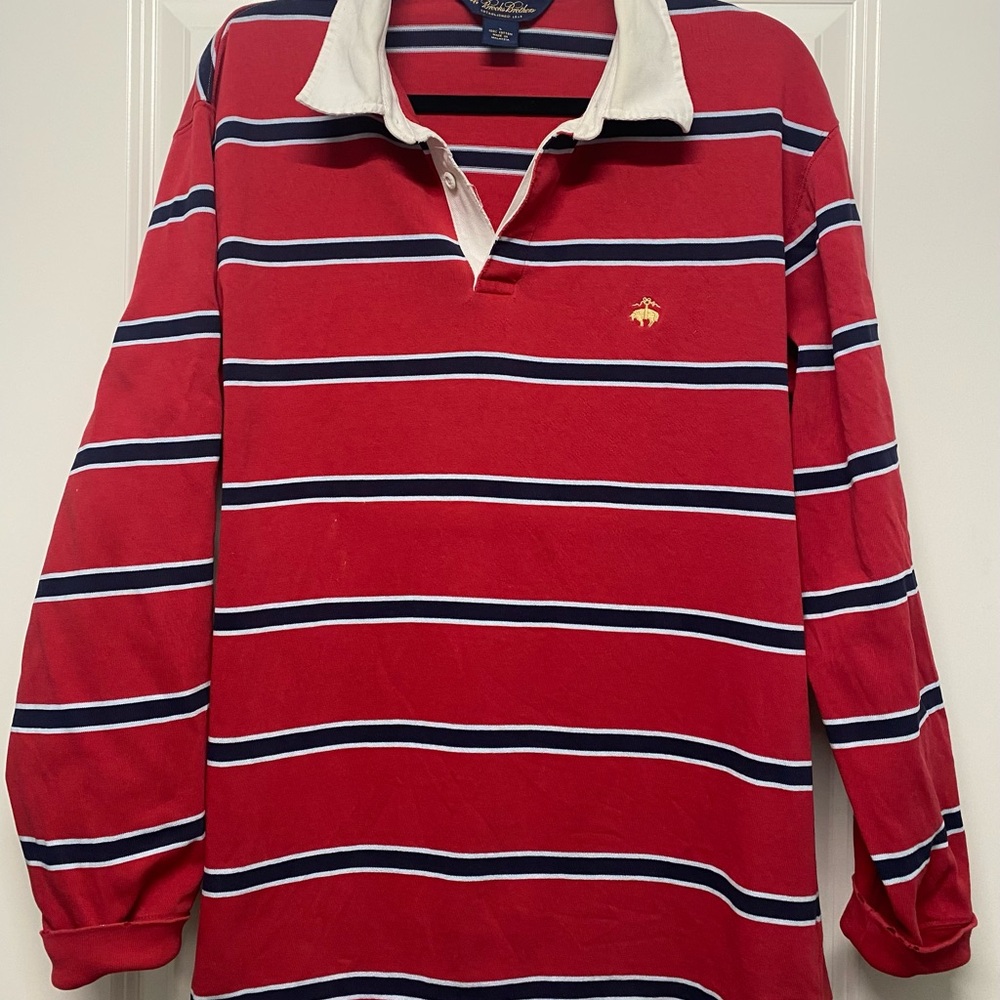 Brooks Brothers Classic Red and White Striped Rugby Long Sleeve Polo Shirt